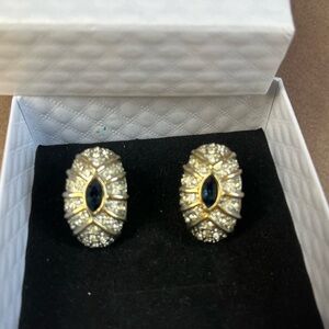 Vintage Oval Gold Clip on Earrings w sparkling pavé crystals & center blue stone